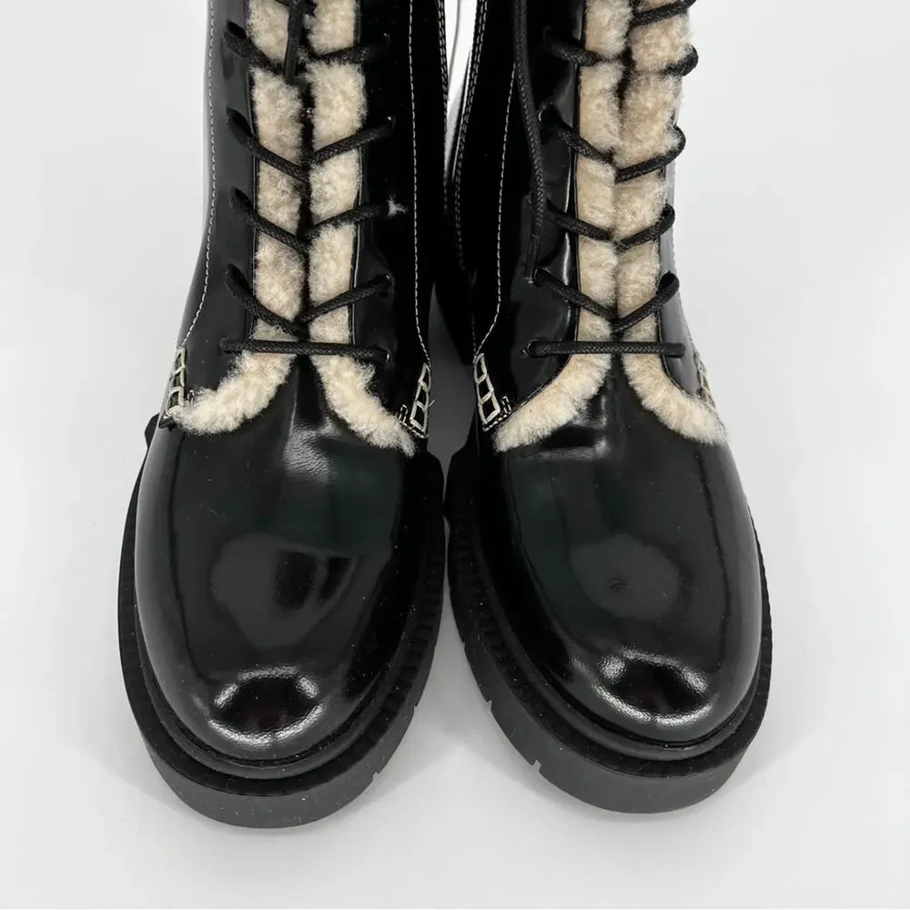 Coach Leighton Combat Boots Black Shearling Trim Lace-Up - Size 8.5